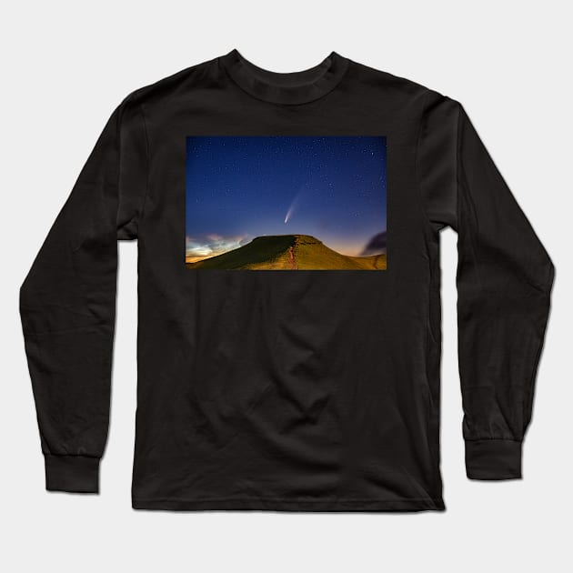 Comet NEOWISE and Noctilucent cloud over Corn Du in the Brecon Beacons National Park, Wales Long Sleeve T-Shirt by dasantillo